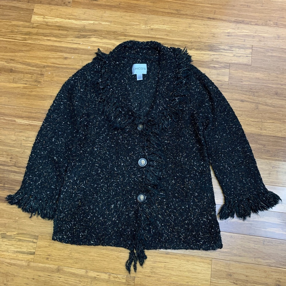 Chico's Fringe Cardigan Sweater Womens Size Medium‎ Knit Button Front Black Soft